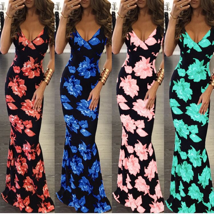 Printed Halter V-neck Backless Dress CD368