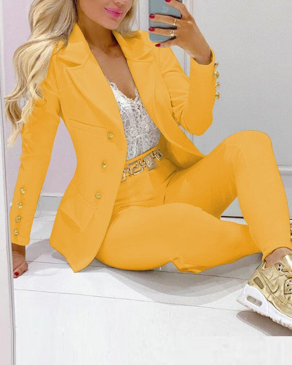 Women's Lapel Neck Patterned Suit Jacket & Pant Sets