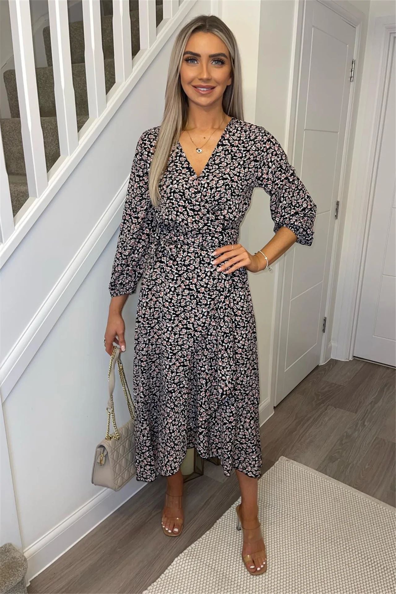 V-neck Floral and Lotus Leaf Lace Up Irregular Dress CD330
