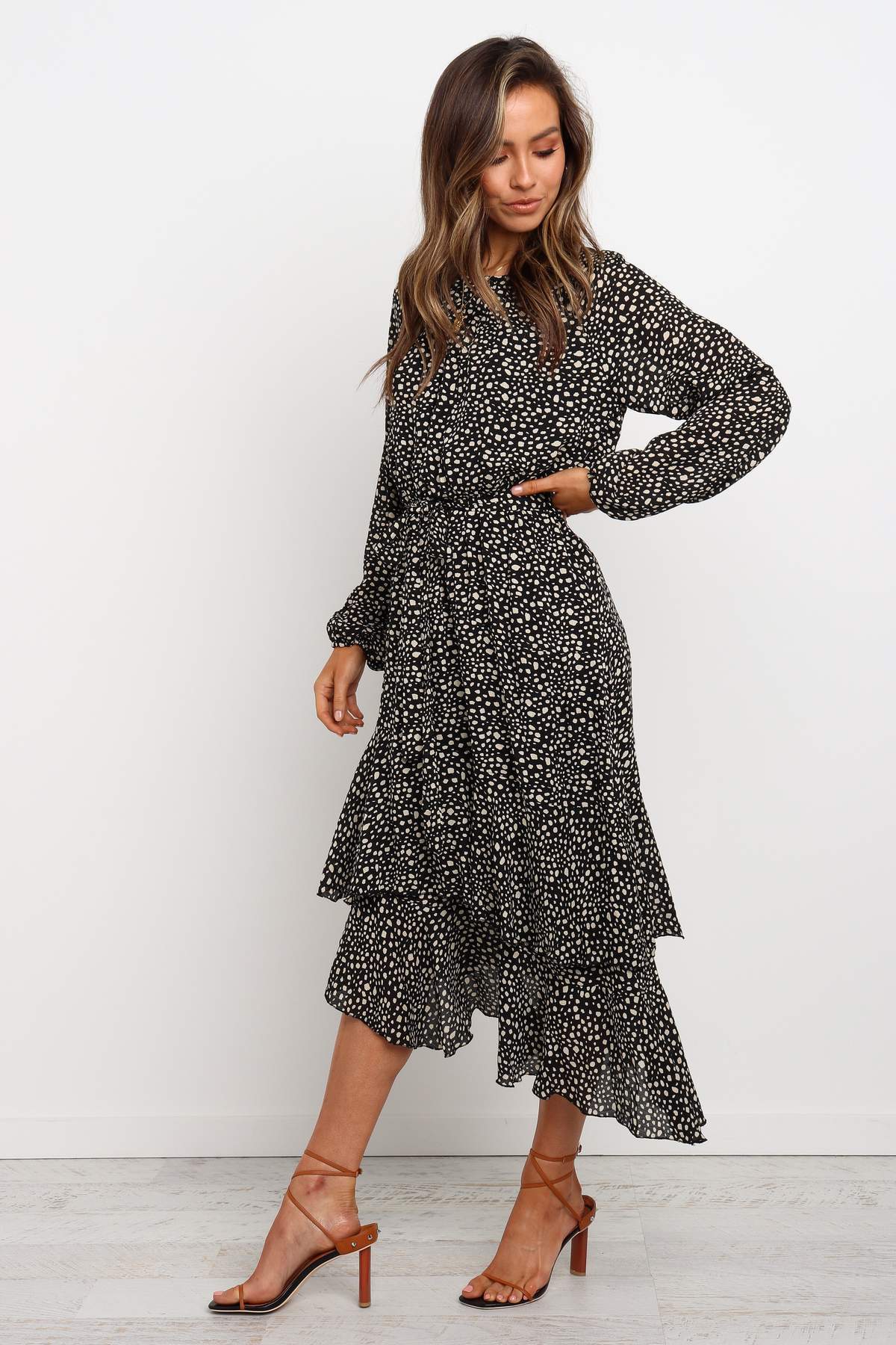 Printed Round Neck Ruffle Long Sleeve Dress CD358
