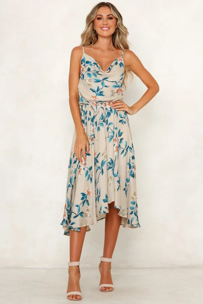 Printed Suspenders Sleeveless Sexy V-neck Dress CD396