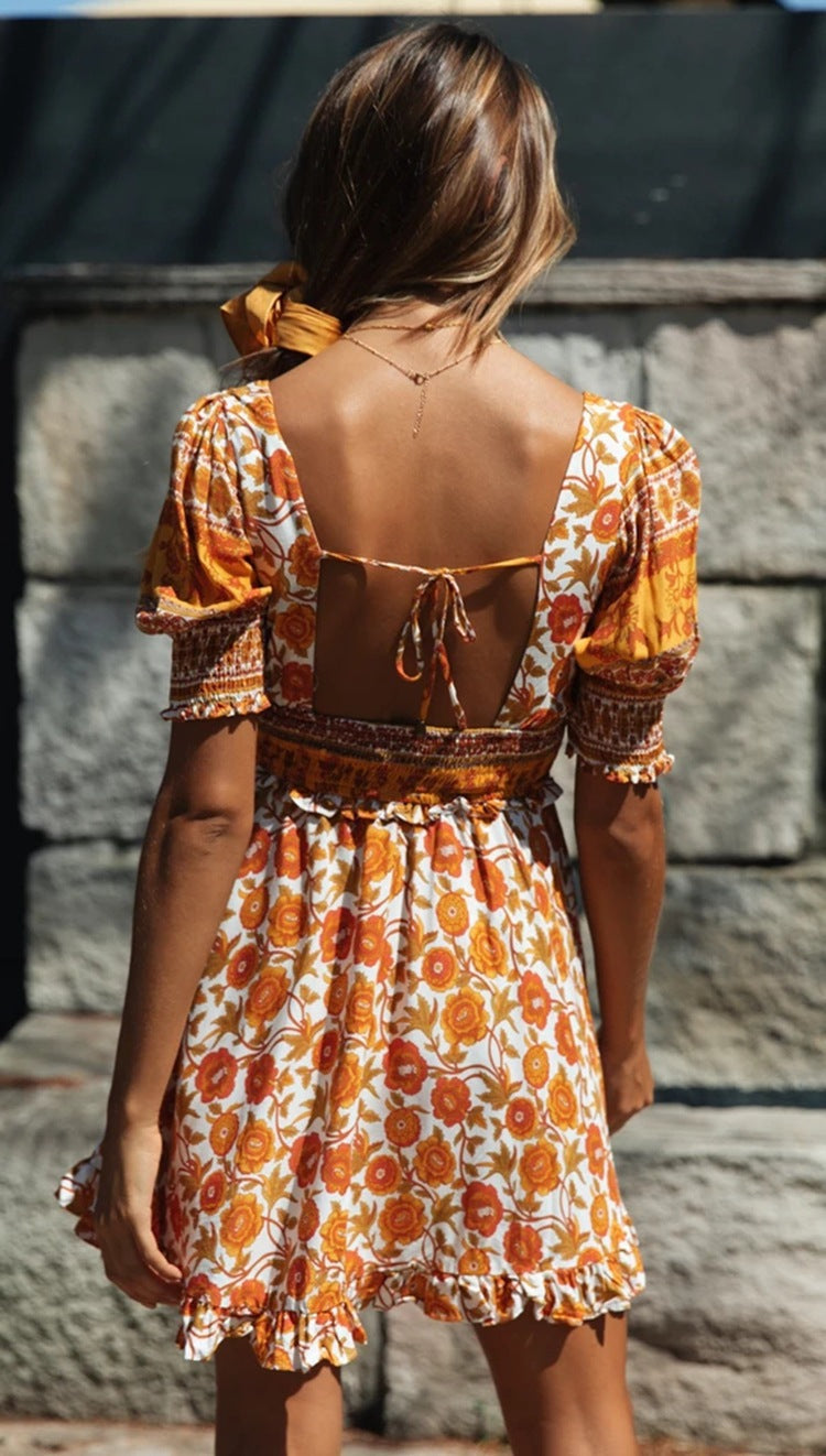 Printed Ruffled Lanbul Short-sleeved High-rise Dress CD360