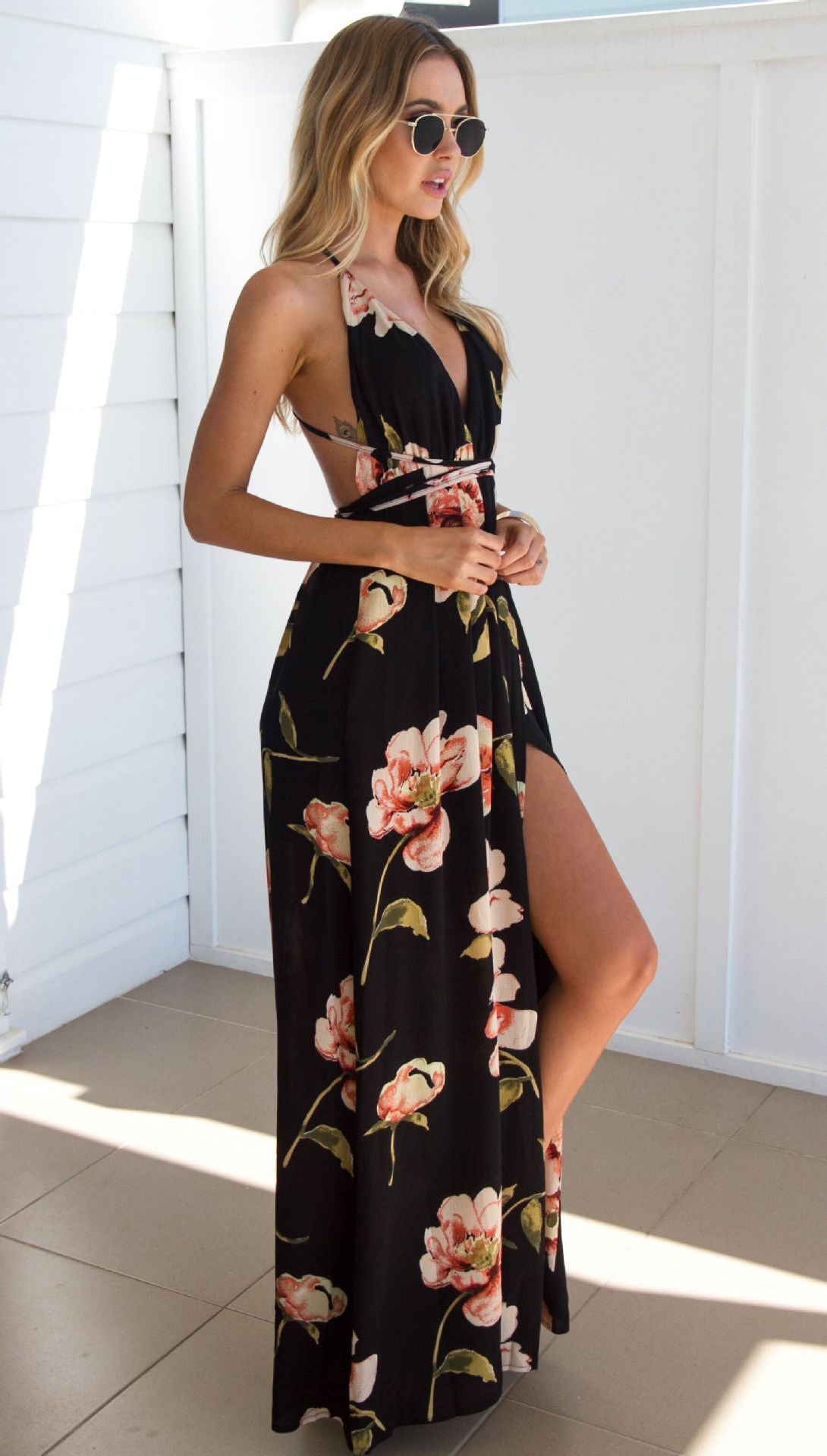 Sexy Print Sleeveless Low Cut Backless Maxi Dress CD309
