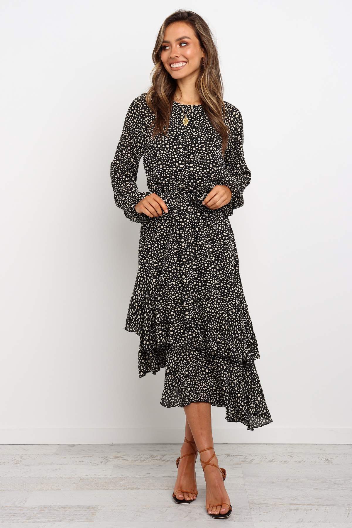 Printed Round Neck Ruffle Long Sleeve Dress CD358