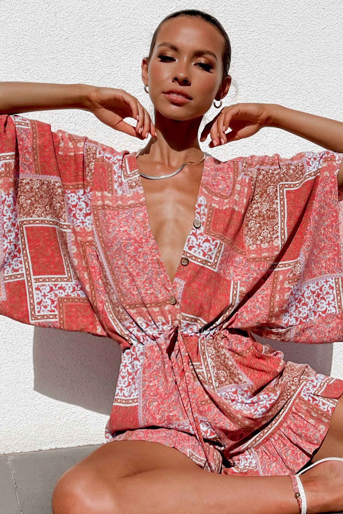 Printed V-neck Lotus Leaf Short-sleeved Loose Jumpsuit CD314