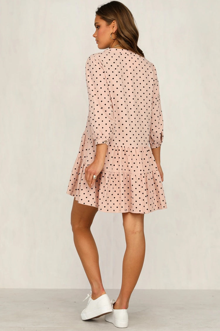 Polka Dot Printed Shirt Collar Long Sleeved Dress CD355