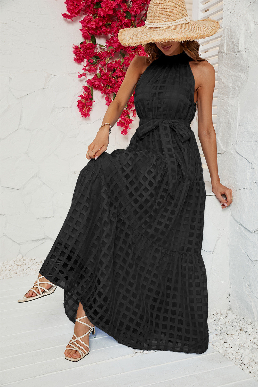 Women's Round Neck Ruffled Lace-up Dress CD554