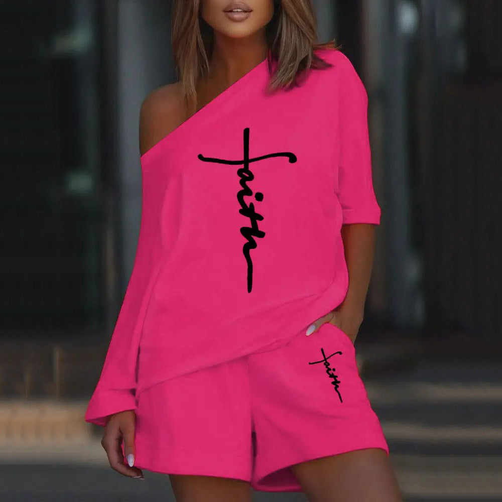 Printed Diagonal Collar Long Sleeved Casual Loose Fitting Set CD627