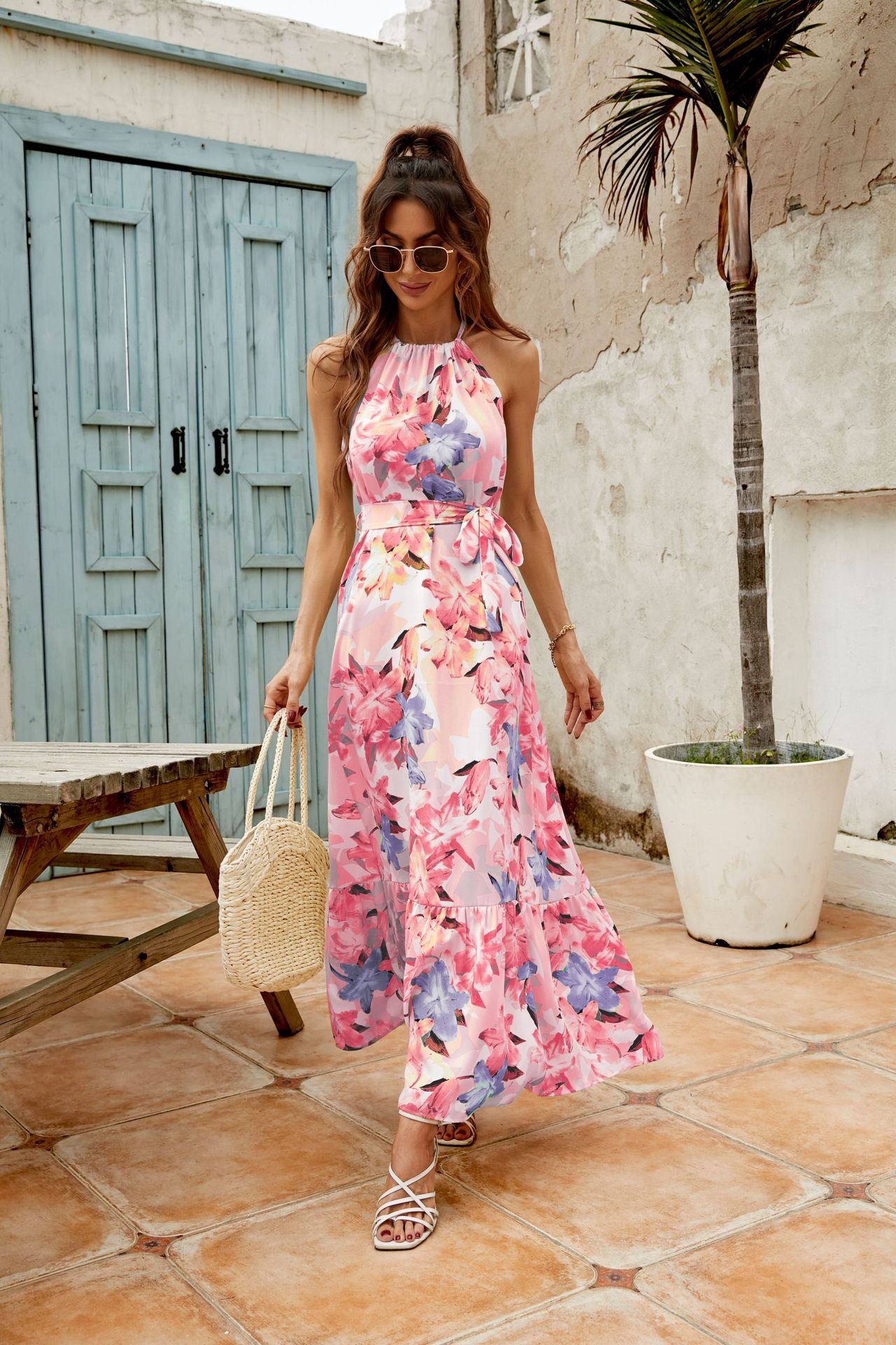 Women's Print Off-the-shoulder Crewneck Dress CD531