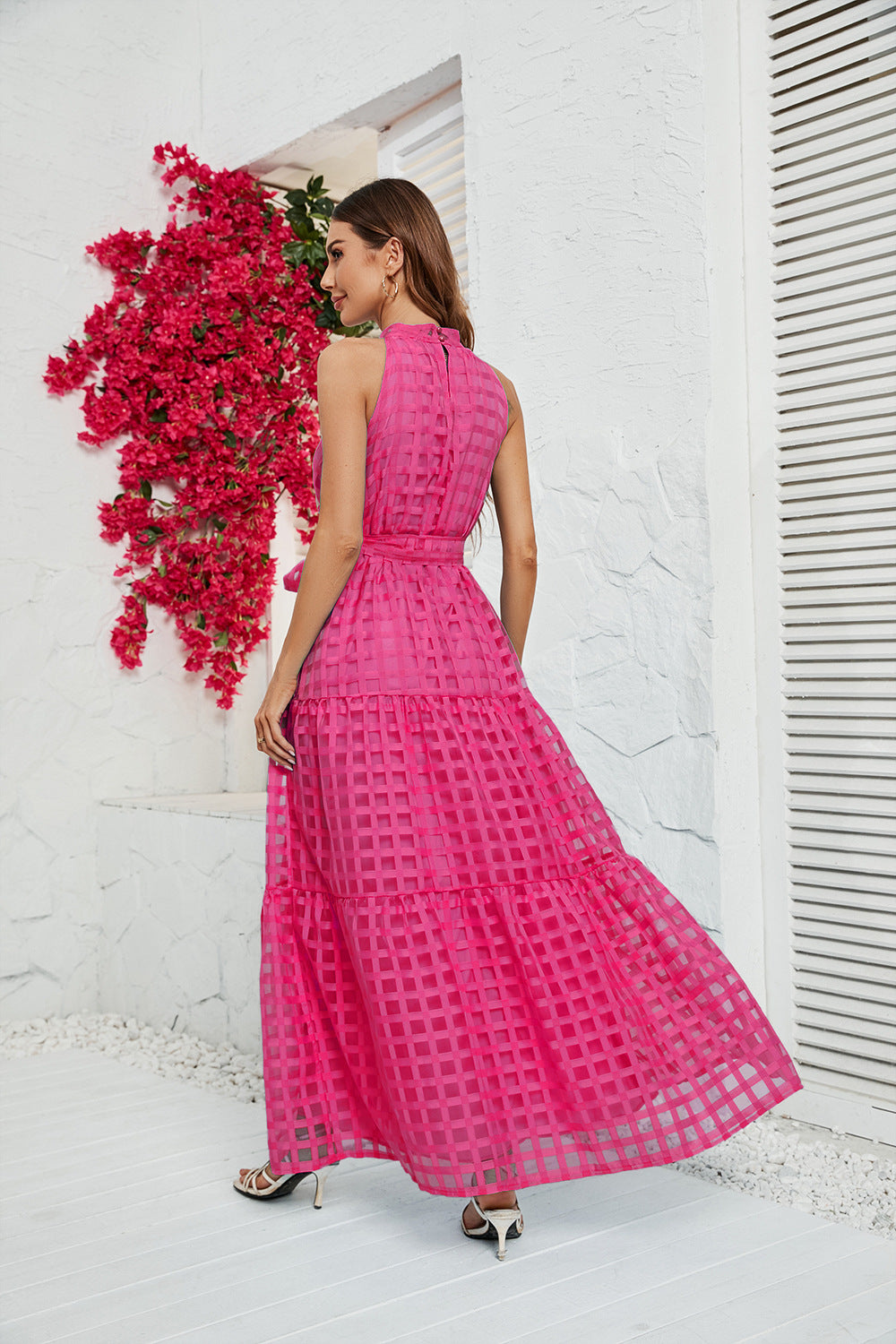 Women's Round Neck Ruffled Lace-up Dress CD554