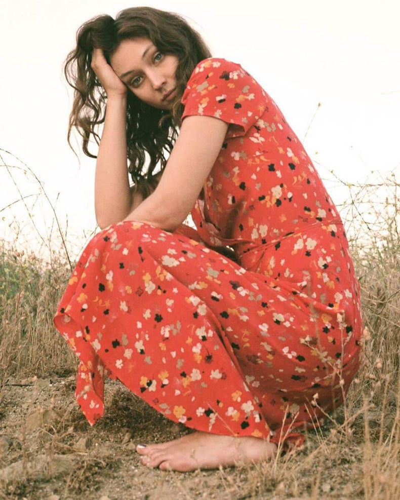 Floral Printed Short Sleeved V-neck Dress CD303