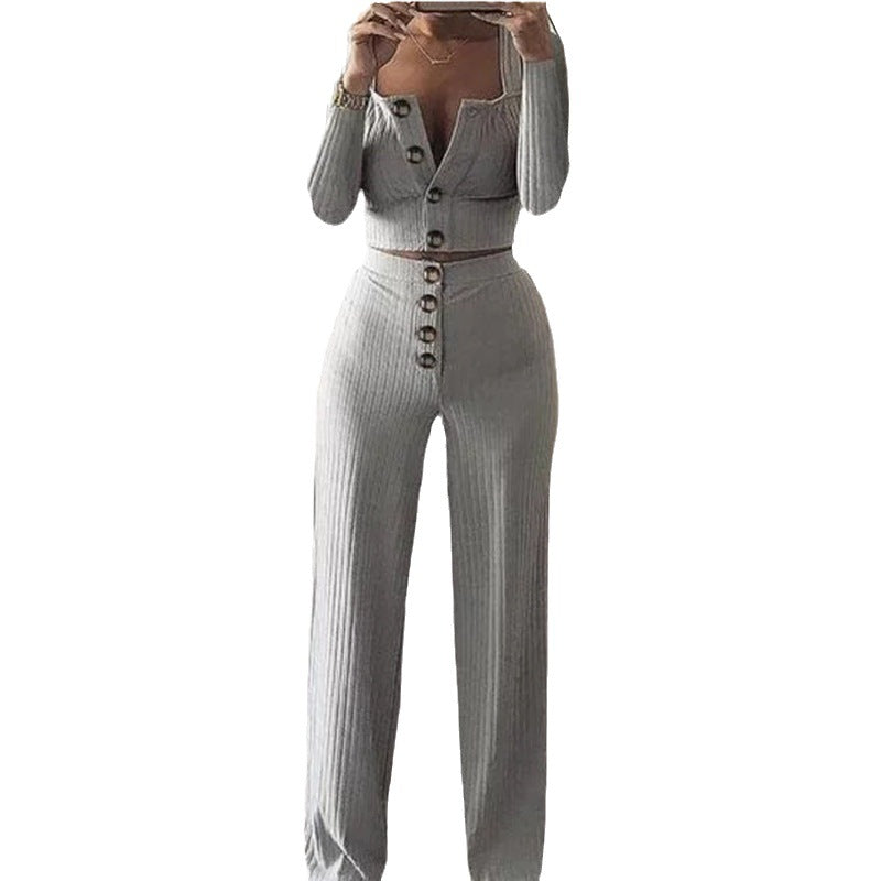 Long Sleeved Cardigan Button Casual Set CD594