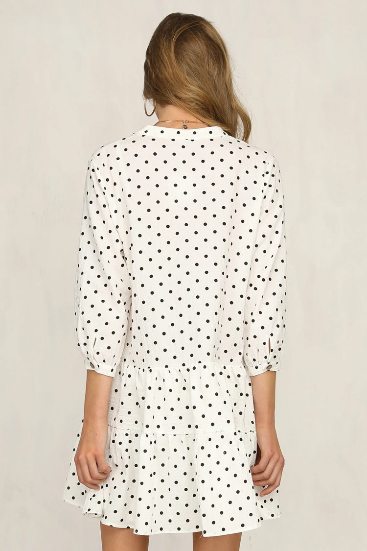 Polka Dot Printed Shirt Collar Long Sleeved Dress CD355