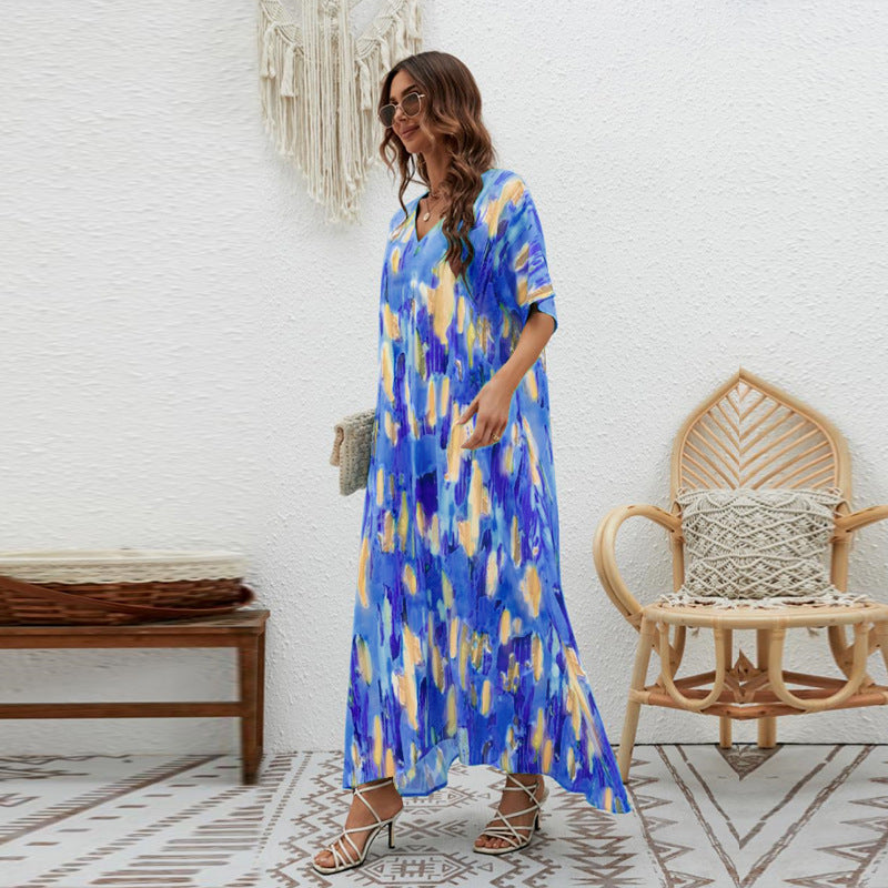 Women's Printed Loose Swing Short Sleeve Dress CD511