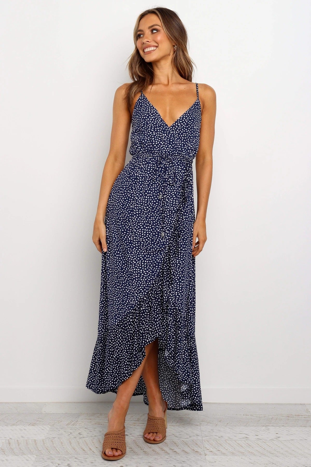 Women's Strap Dots Printed Ruffle Dress CD406