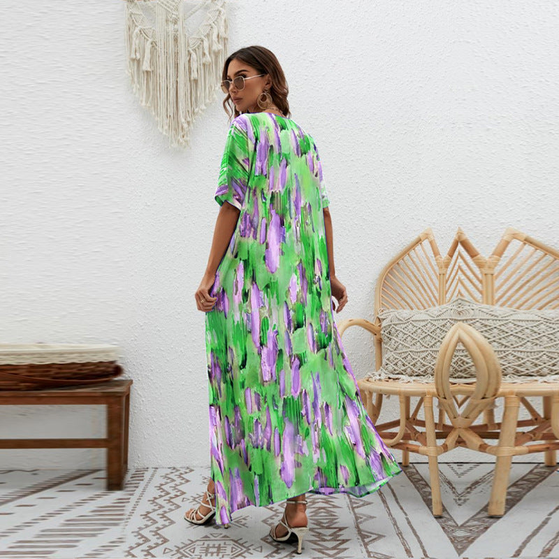 Women's Printed Loose Swing Short Sleeve Dress CD511