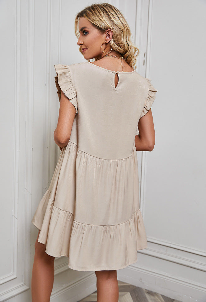 Women's Round Neck Ruffle Sleeve Short Dress CD536