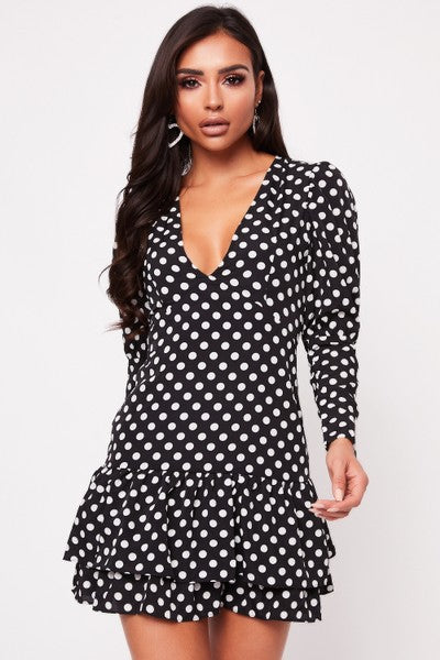 V-neck Long-sleeved Ruffled Polka-dot Printed Dress CD340