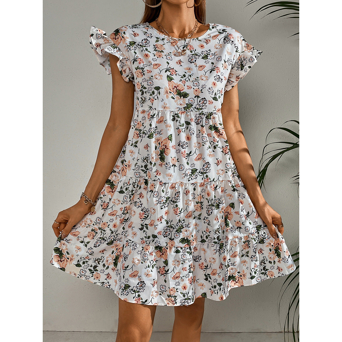 Women's Sexy Round Neck Printed Short Dress CD514
