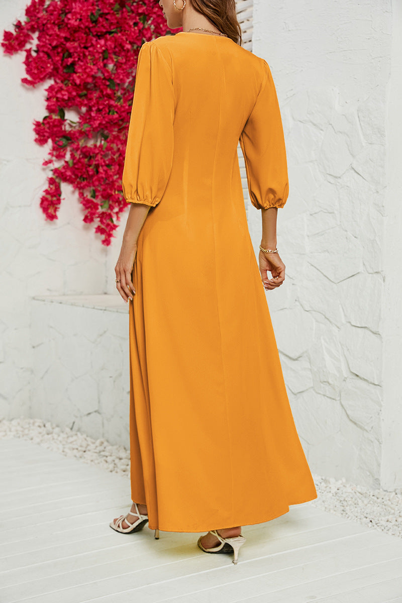 Women's V-neck Buttoned Five-sleeve Dress CD543