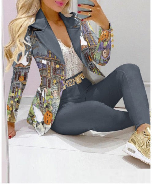 Women's Lapel Neck Patterned Suit Jacket & Pant Sets