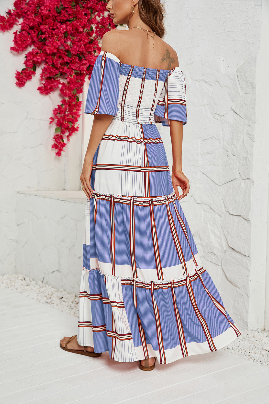 Women's Striped Ruffled Dress with A Line Neck CD565