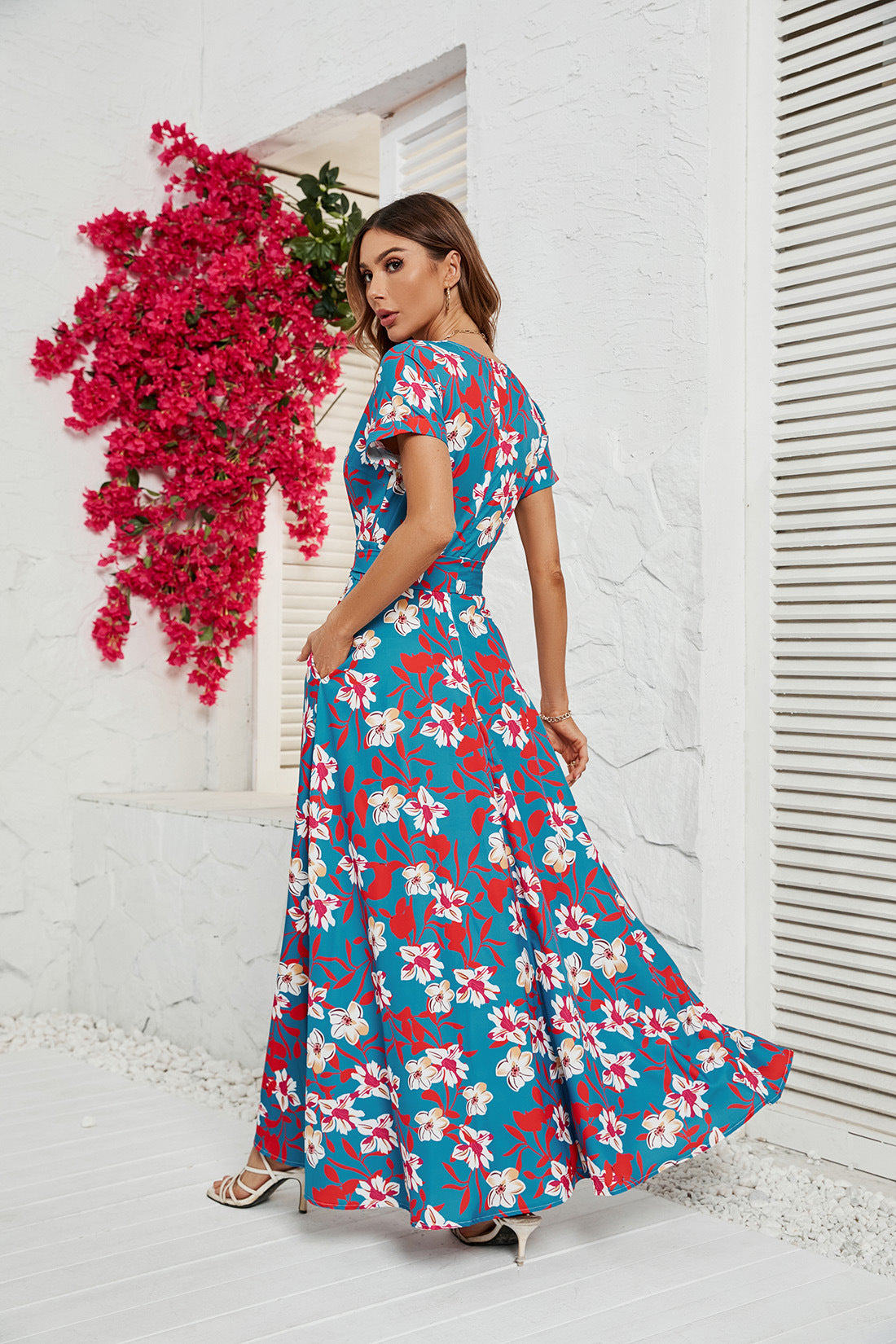 Women's Printed V-Neck Split Dress CD573