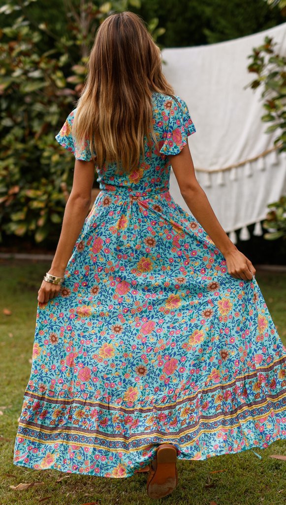 Chiffon Print Pleated V-neck Beach Dress CD331