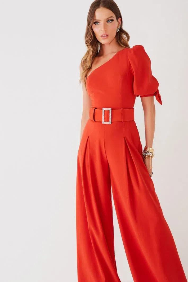 Single Shoulder Sleeve Slim Jumpsuit Solid Color Trousers CD660