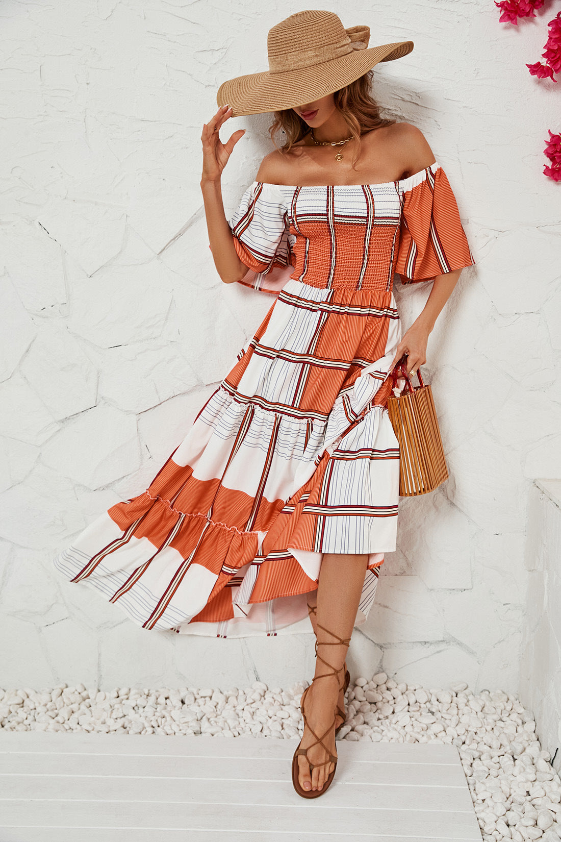 Women's Striped Ruffled Dress with A Line Neck CD565