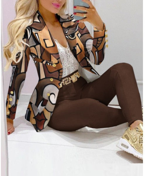 Women's Lapel Neck Patterned Suit Jacket & Pant Sets