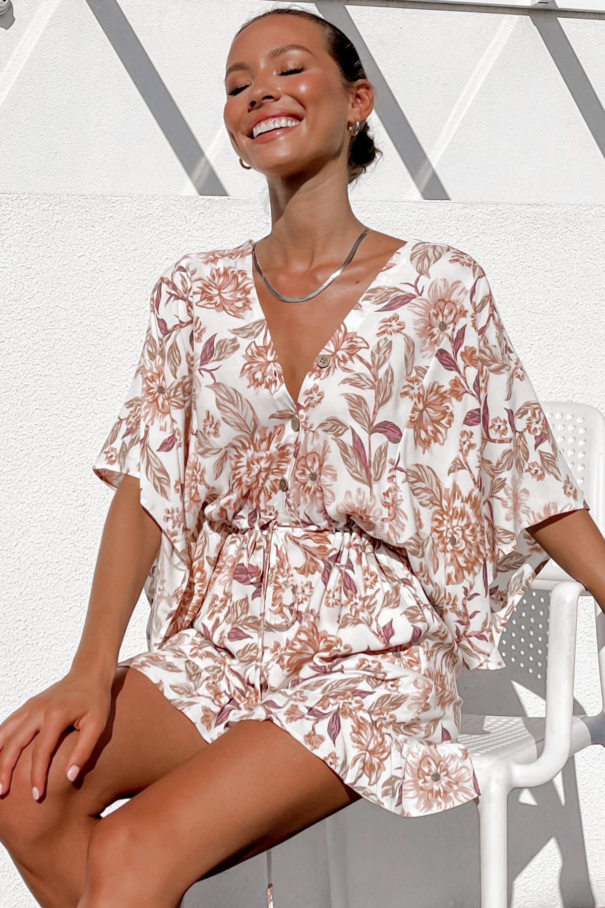 Printed V-neck Lotus Leaf Short-sleeved Loose Jumpsuit CD314