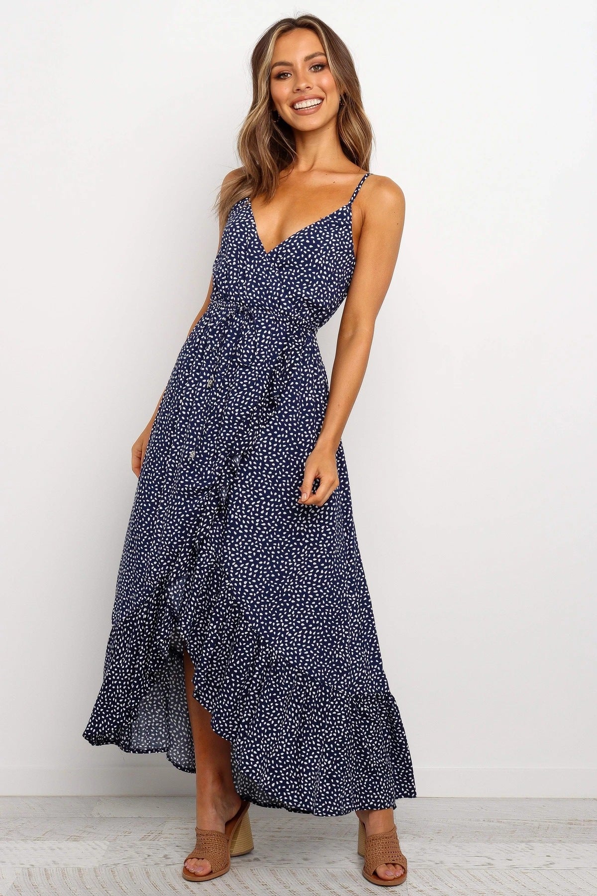 Women's Strap Dots Printed Ruffle Dress CD406