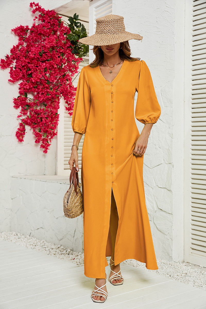 Women's V-neck Buttoned Five-sleeve Dress CD543