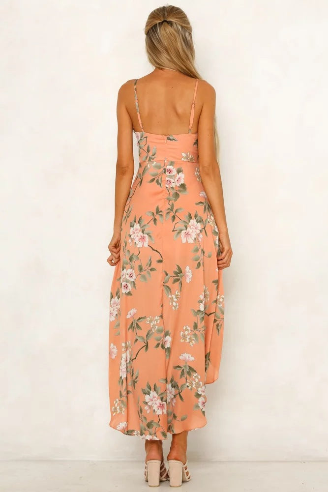 Sexy Printed Strap V-Neck Ruffle Dress CD325