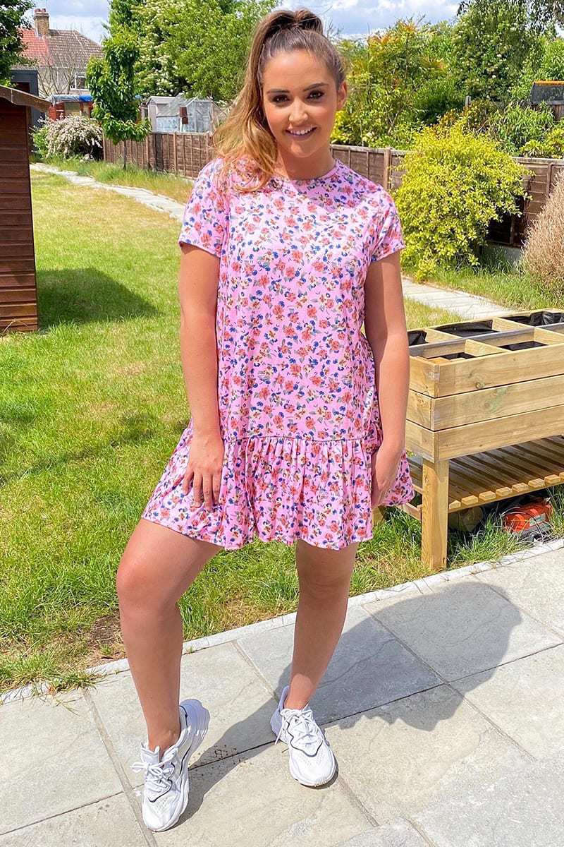 Printed Round Neck Short Sleeve Ruffled Dress CD227