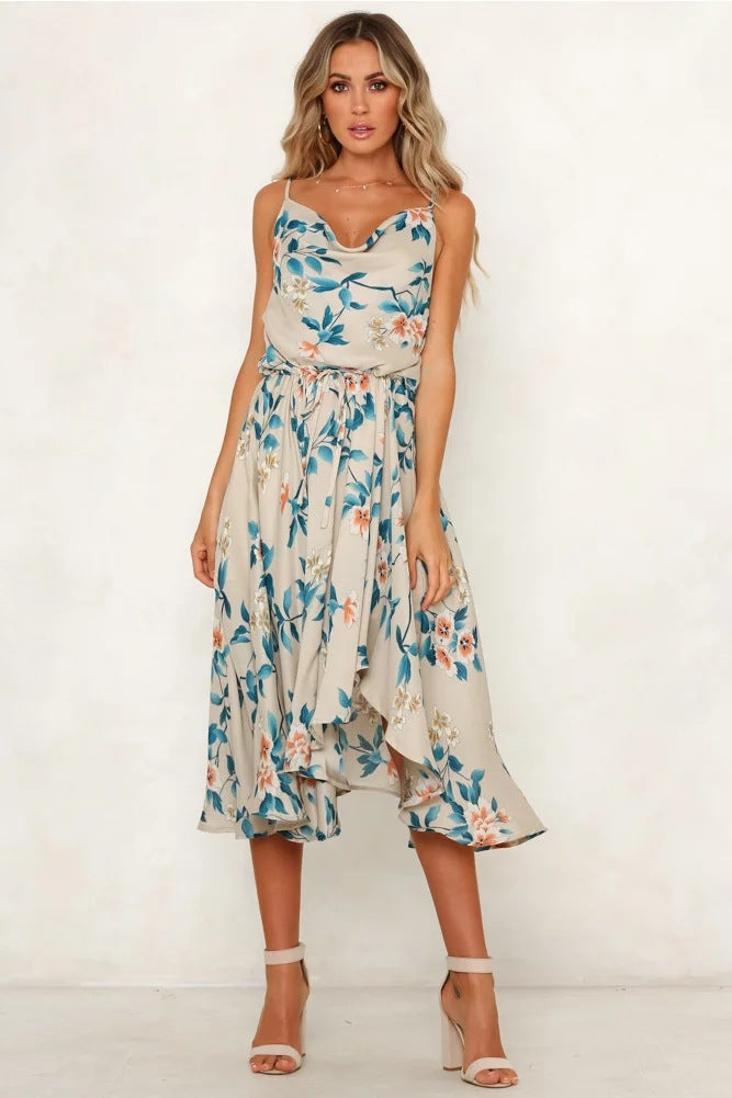 Printed Suspenders Sleeveless Sexy V-neck Dress CD396