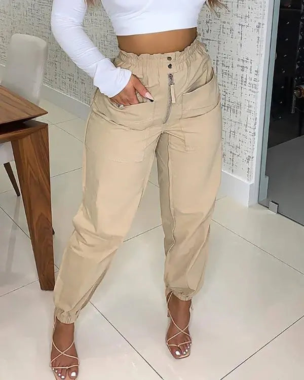 Zipper Button Pocket Design Shirring Detail Pants