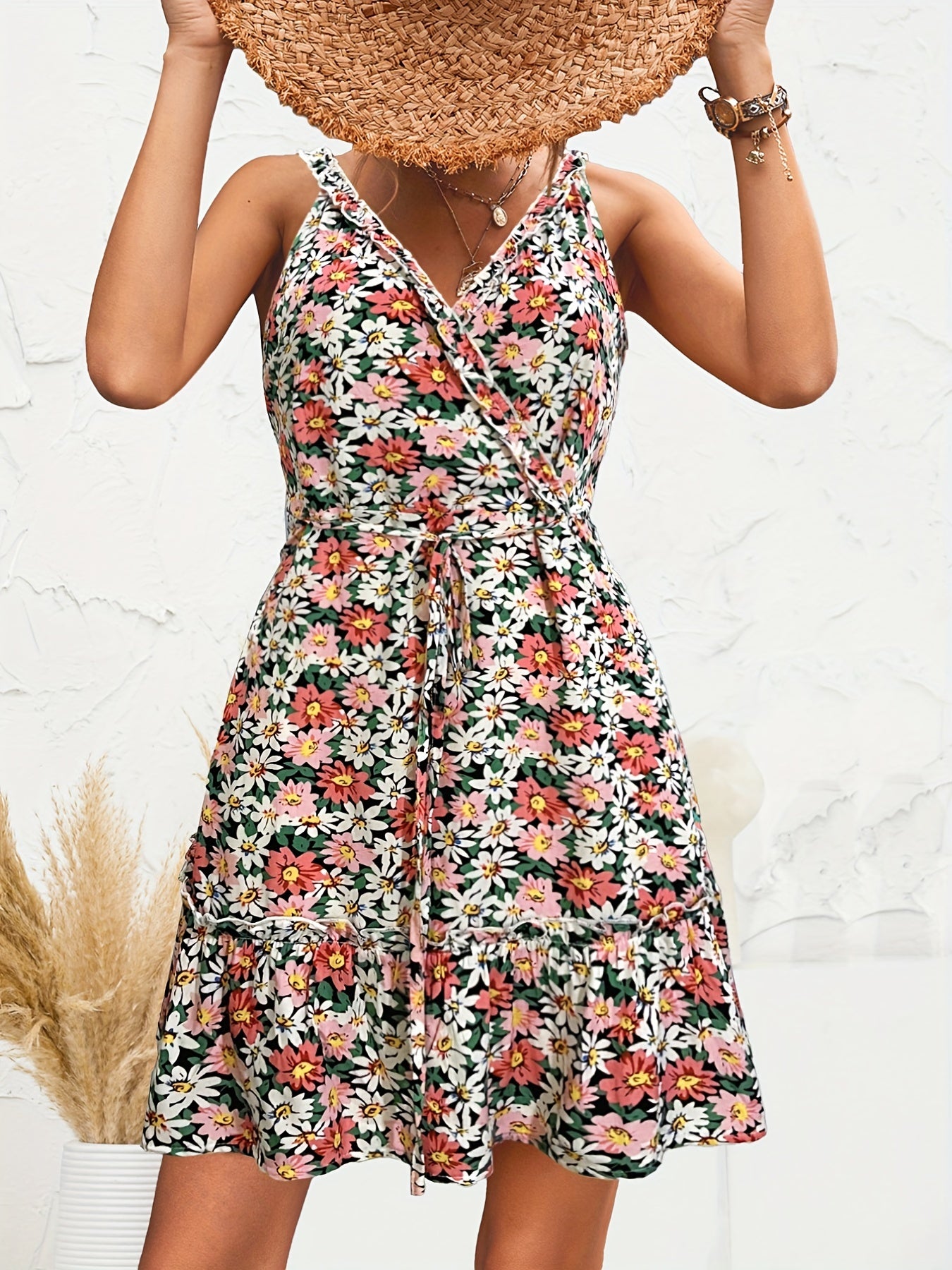 Floral Print Tie Front Boho Surplice Neck Sleeveless Dress CD199