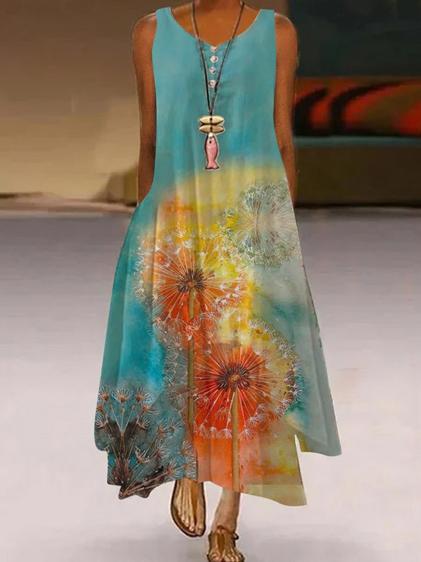 Women's Sleeveless A-Line Round Neck Bohemian Maxi Dress CD181