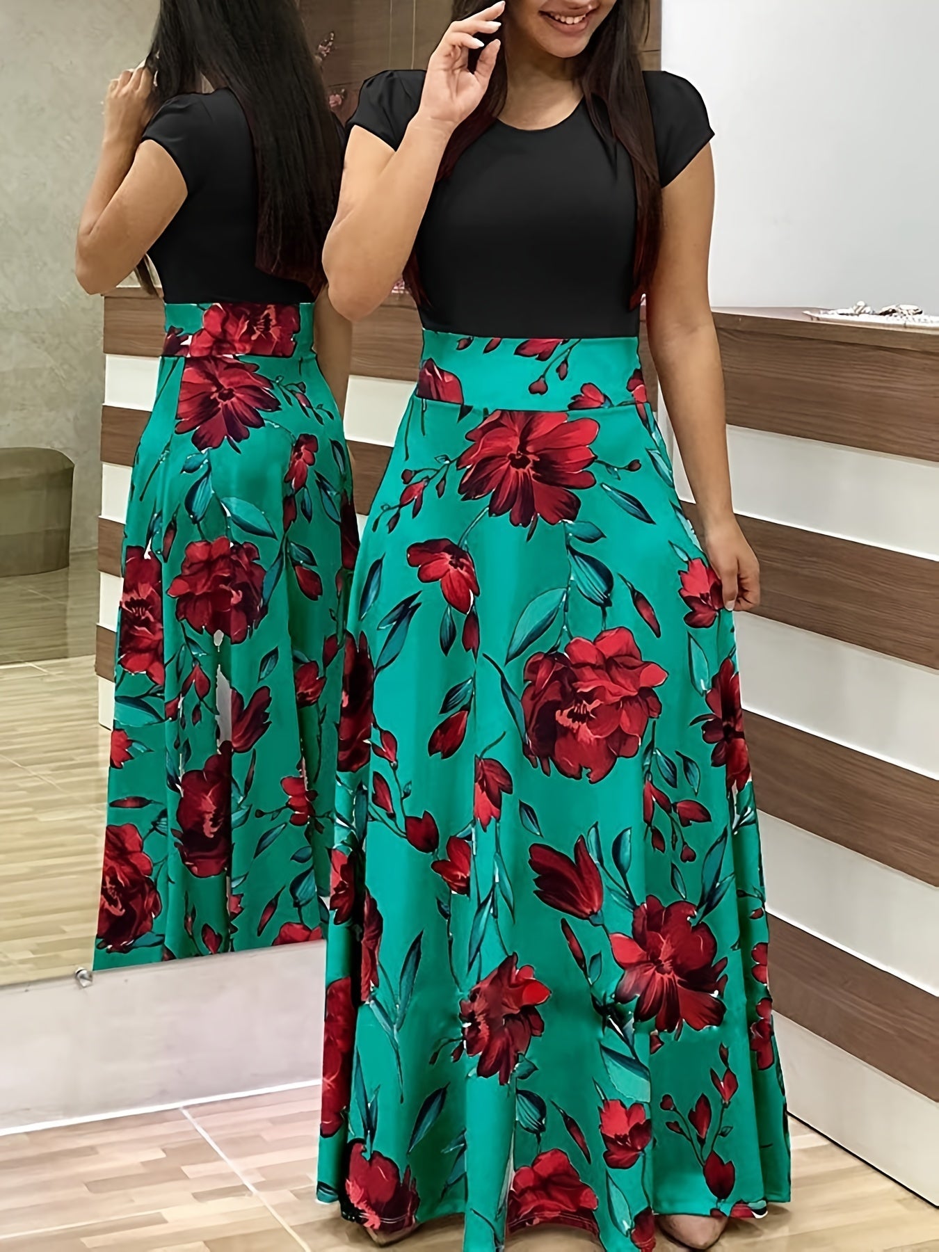 Printed Splicing Crew Neck Slim Waist Pleated Maxi Dress CD178
