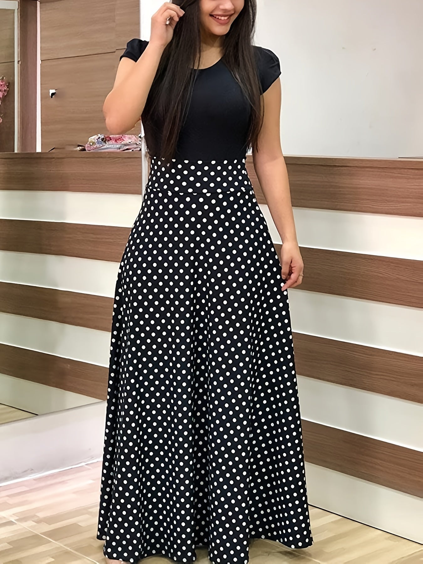 Printed Splicing Crew Neck Slim Waist Pleated Maxi Dress CD178
