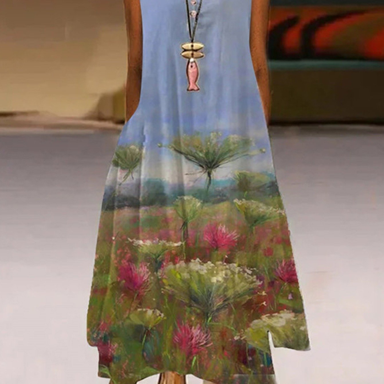 Women's Sleeveless A-Line Round Neck Bohemian Maxi Dress CD181