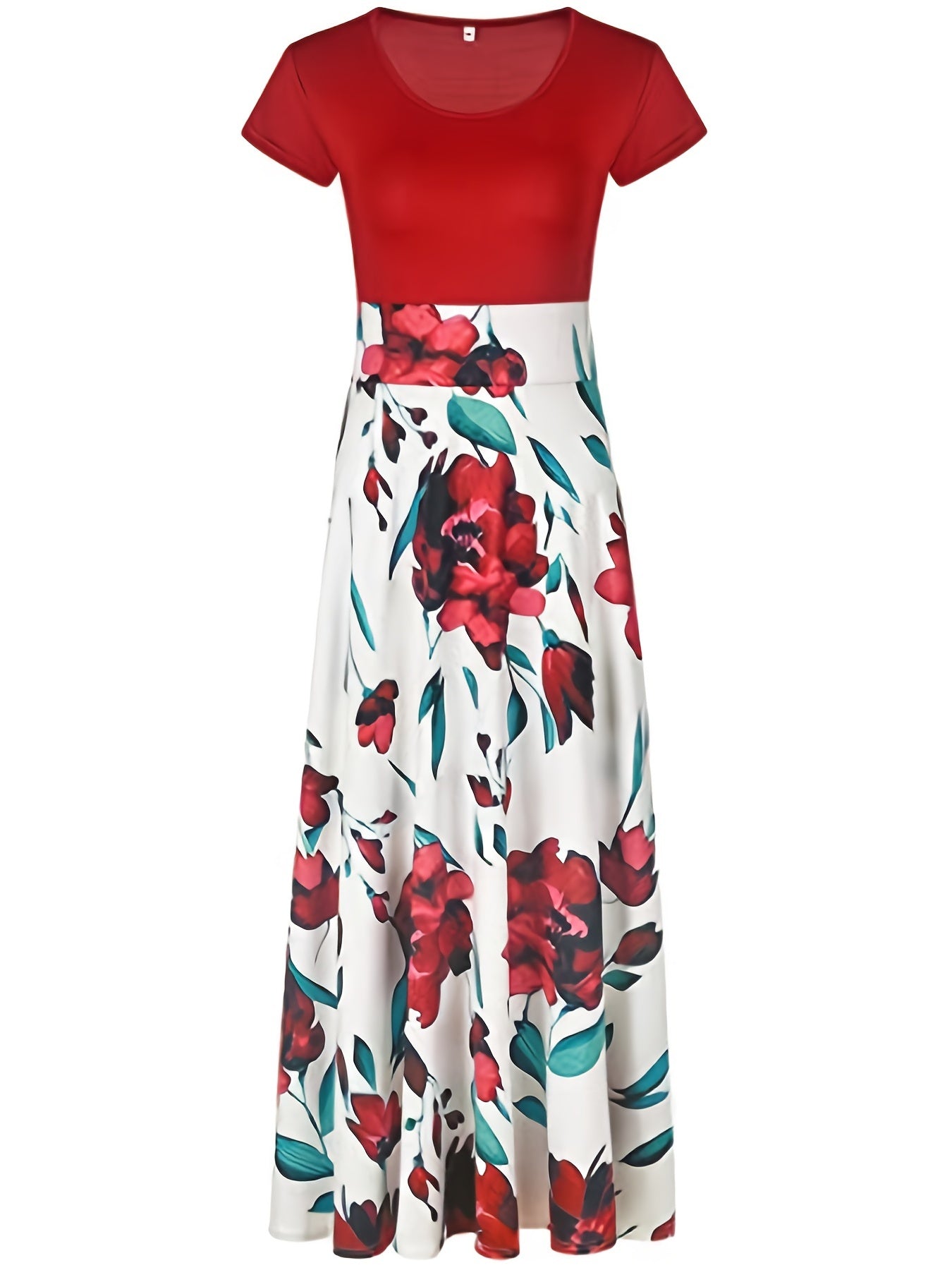 Printed Splicing Crew Neck Slim Waist Pleated Maxi Dress CD178