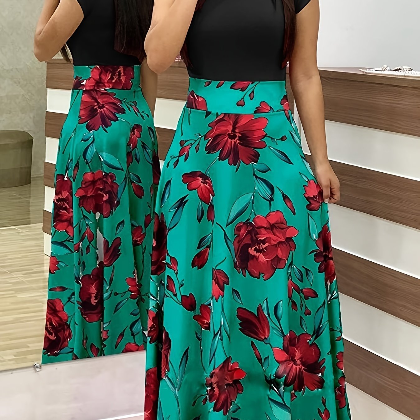 Printed Splicing Crew Neck Slim Waist Pleated Maxi Dress CD178
