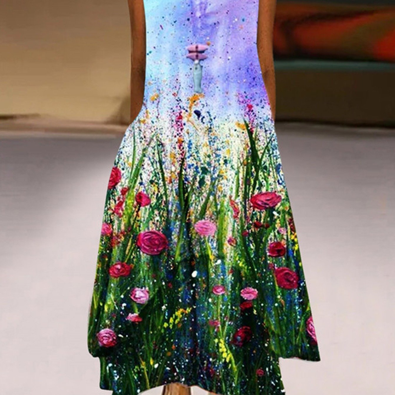 Women's Sleeveless A-Line Round Neck Bohemian Maxi Dress CD181