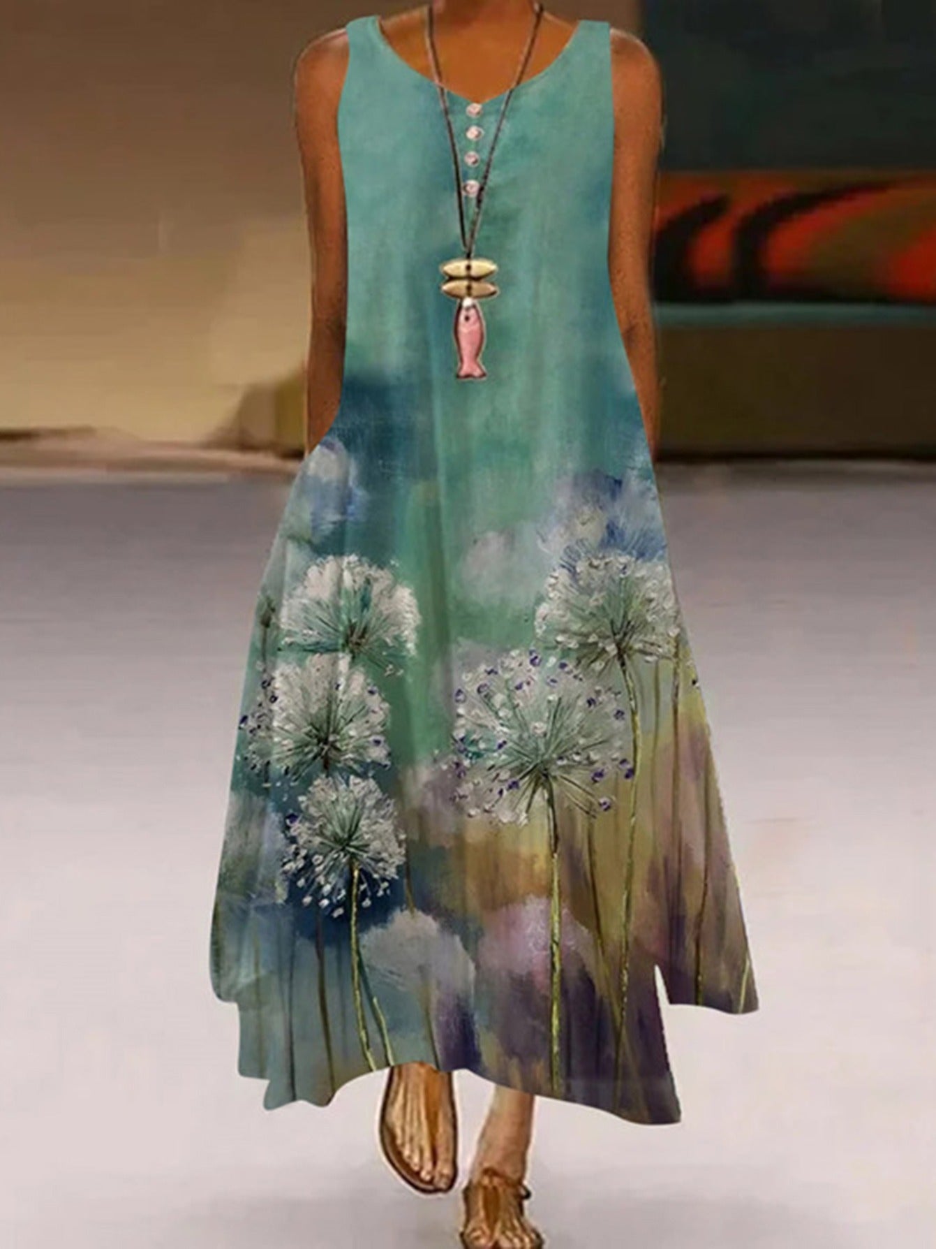 Women's Sleeveless A-Line Round Neck Bohemian Maxi Dress CD181
