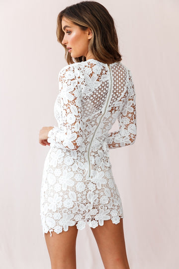 Charlotte Floral Asymmetrical Mesh Long Sleeve White Dress