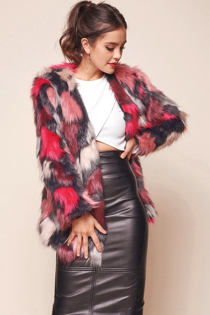 Charlotte RONAN FAUX FUR MULTI-PRINT COAT BLUE