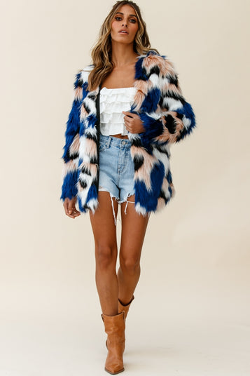 Charlotte RONAN FAUX FUR MULTI-PRINT COAT BLUE